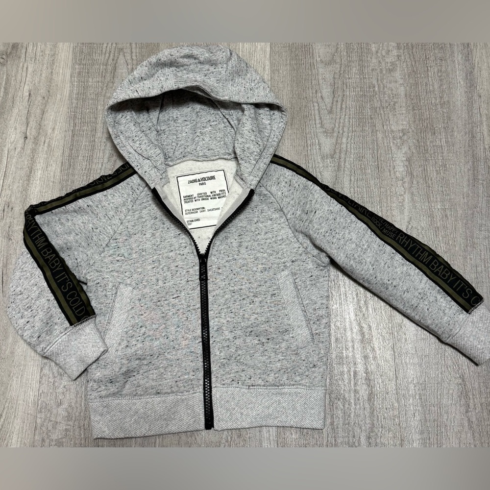 Zadig & Voltaire Kids Gray Zip Hoodie Size 4 Rock Tape Sleeve Sweatshirt